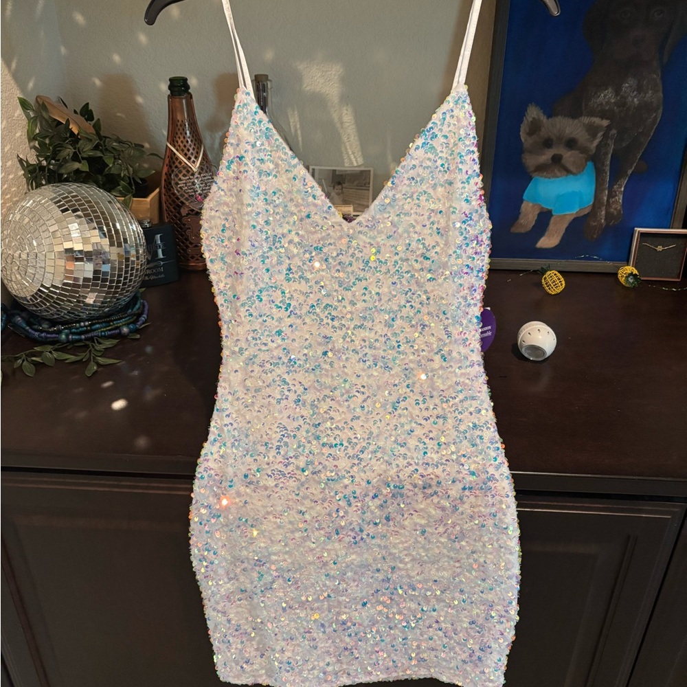 Sequin Spaghetti Strap Dress - White